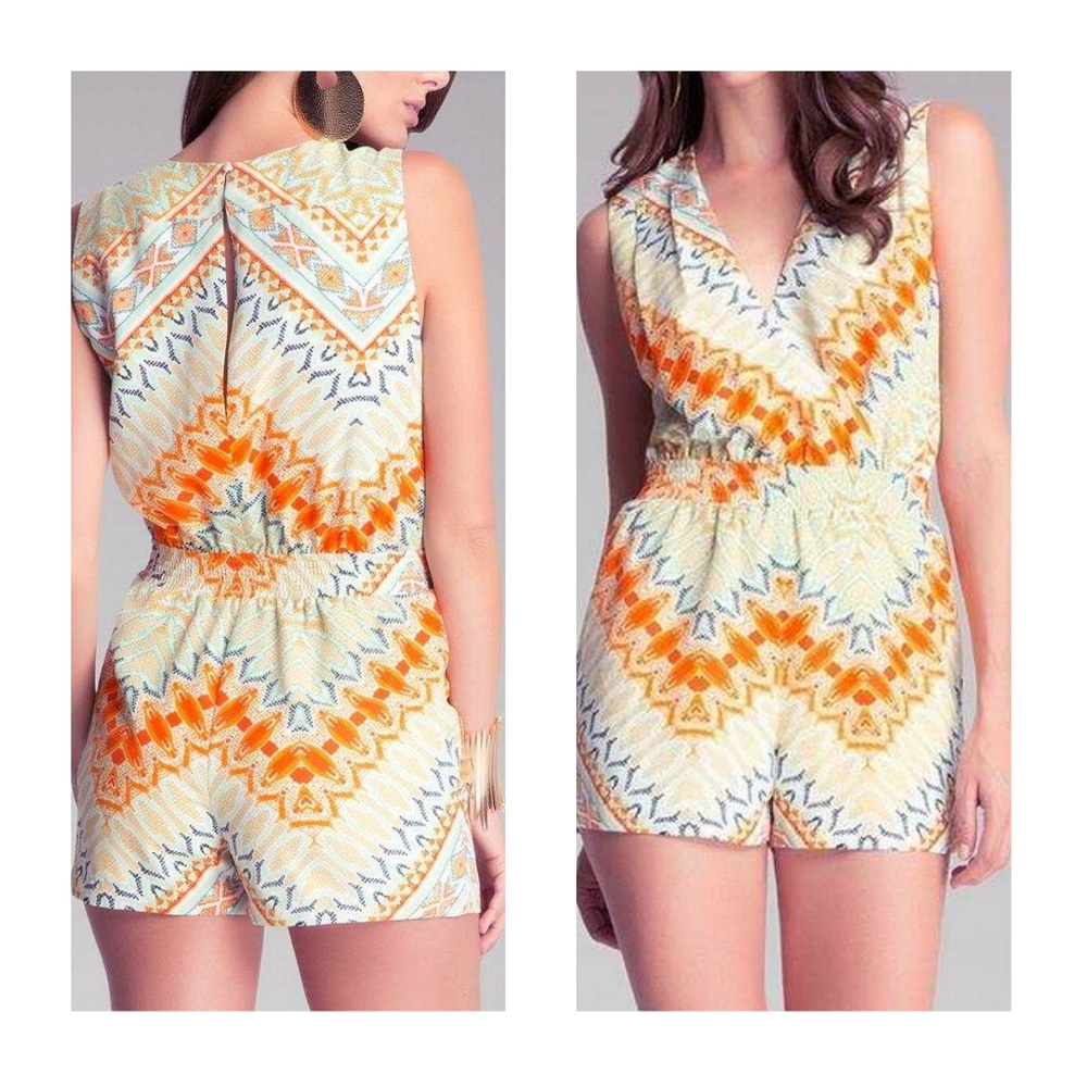 BEBE V-CUT MULTI-COLOR ROMPER SZ. 2 - Picture 1 of 16